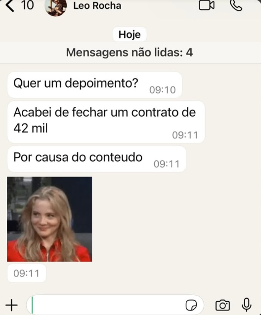 Mensagem sobre um contrato de 42 mil fechado por causa do conteúdo.