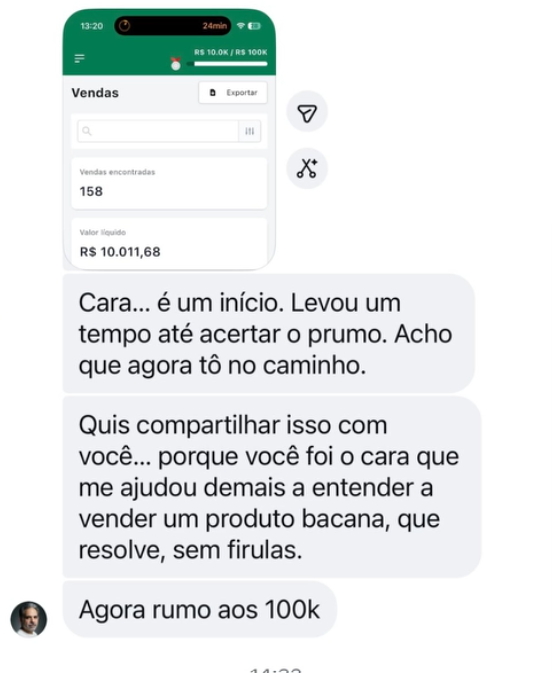 Depoimento sobre atingir 10 mil em vendas e avançar rumo aos 100 mil.
